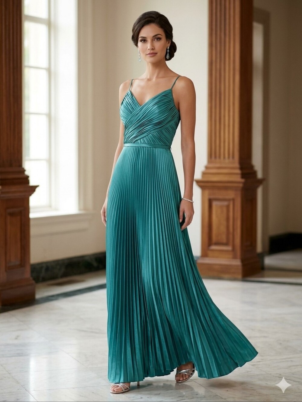 Betsy & Adam Teal Pleated Satin Gown